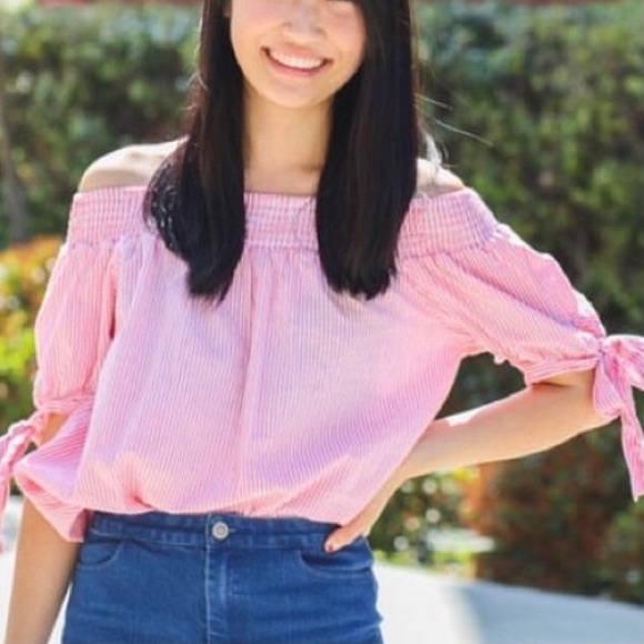 Vintage Off-the-Shoulder Pastel Pink & White Striped Puff Sleeve Blouse - Picture 3 of 6